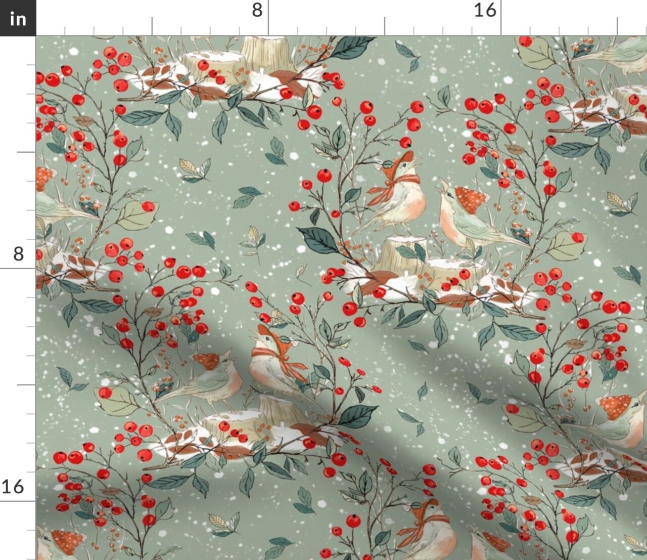 Woodland Christmas Birds Berries Cottagecore Country Christmas Rustic Farmhouse Cabincore Modern Farmhouse Traditional Red Berries Winter Snow Custom Printed Fabric by Spoonflower Various Fabrics by the Yard or Fat Quarter